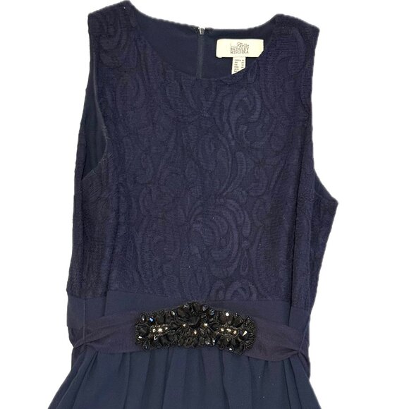 Belle Badgley Mischka Navy Lace & Chiffon Gown Beaded Waist Satin tie size 10 - Picture 2 of 11